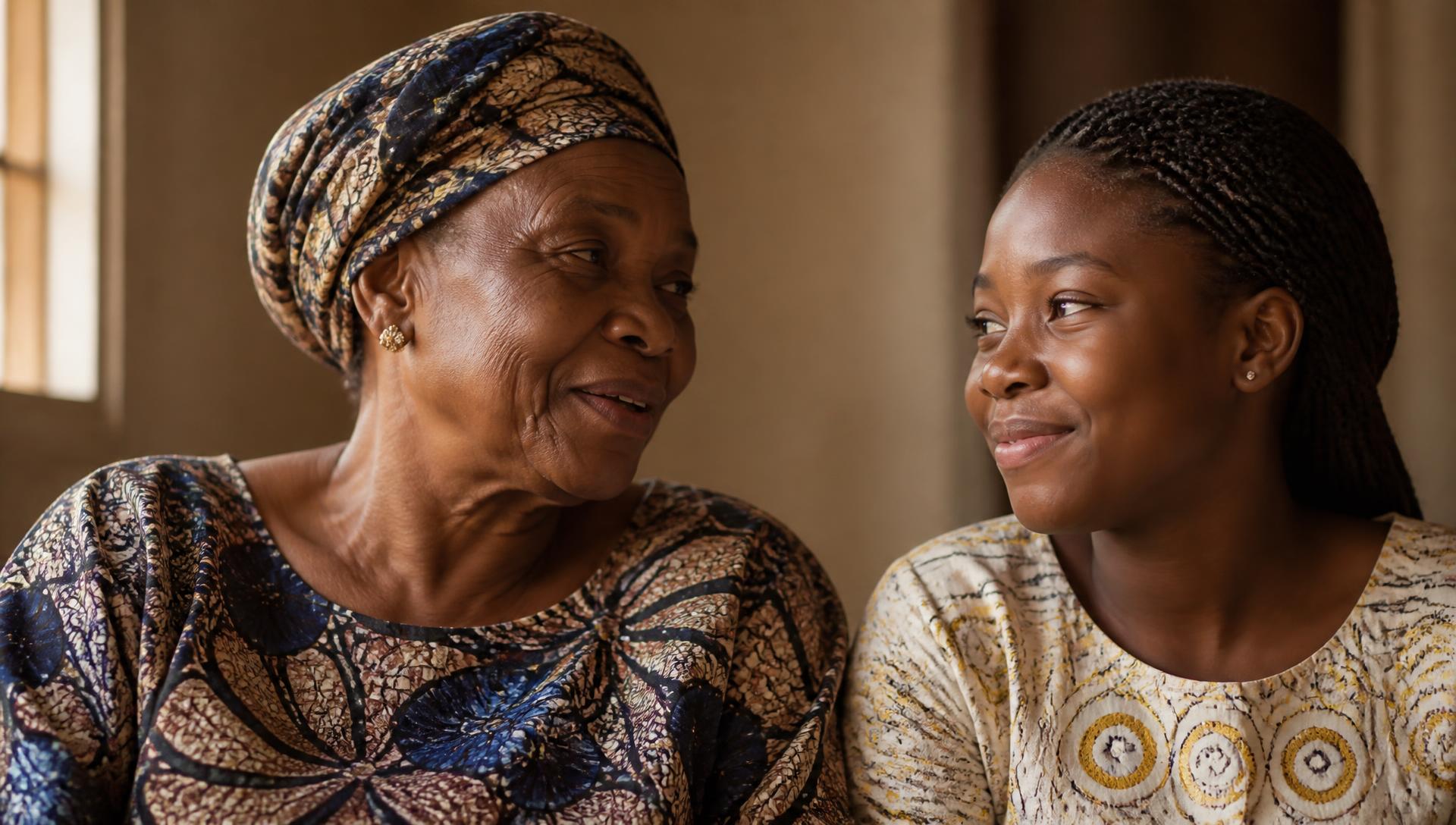 A grandmother sharing a story with her granddaughter